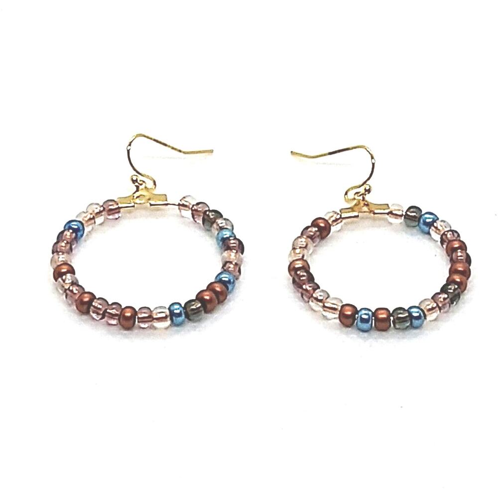 Multi Color Seed Beads Hoop Earrings Gold Tone Hypoallergenic Fishhook Ear Wires